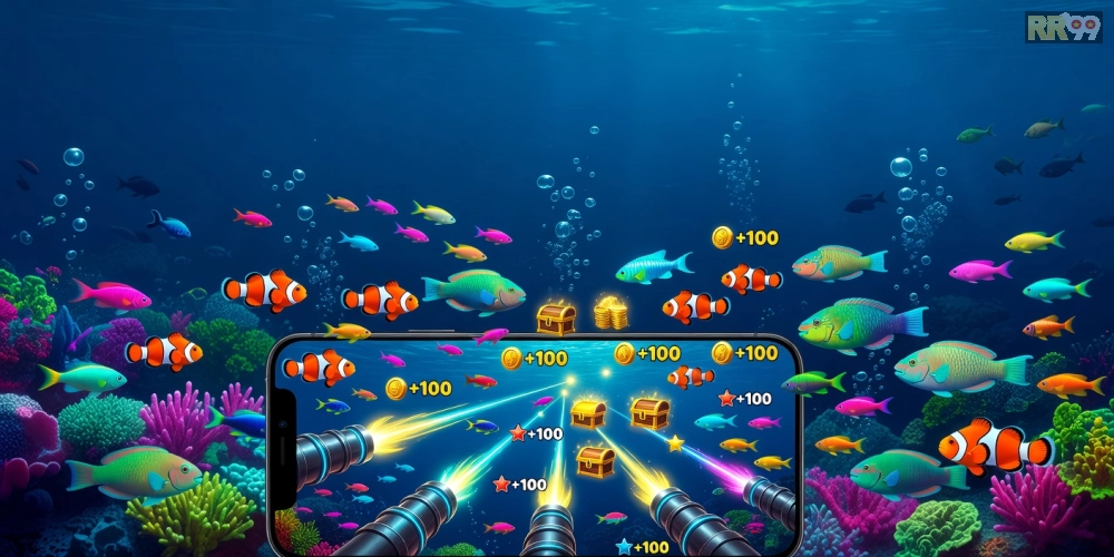 Hình minh họa giao diện game bắn cá đổi thưởng rr99 với cá đa dạng và hiệu ứng sống động.