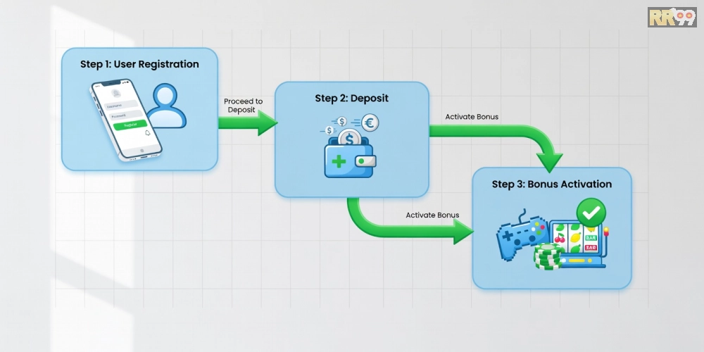 Bước đăng ký và sử dụng game khuyến mãi RR99 được minh họa qua flowchart đơn giản
